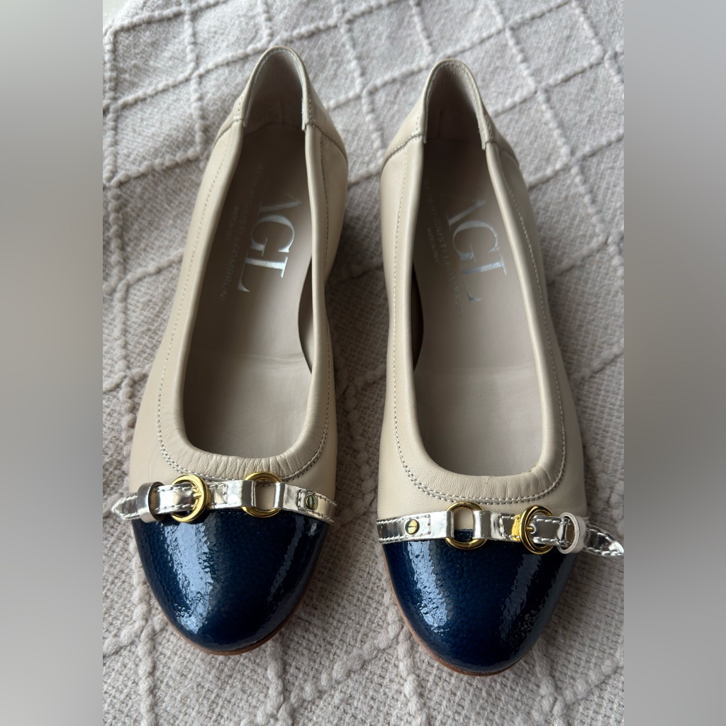 Agl Beige And Navy Flats With Gold Accents
